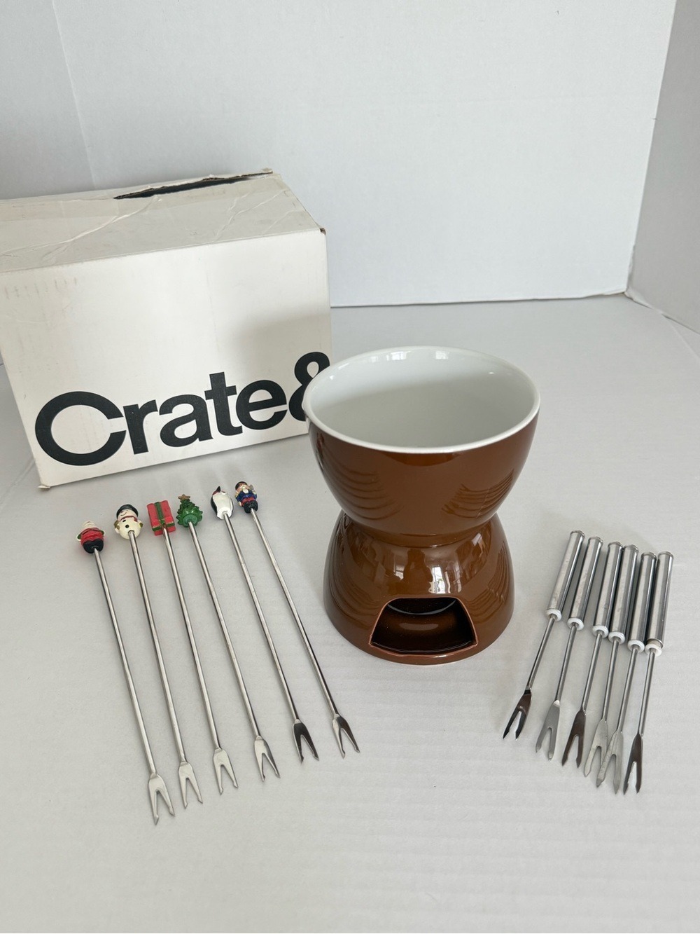 Crate & Barrel Chocolate Mini Fondue Set with Stainless Forks Ceramic Christmas